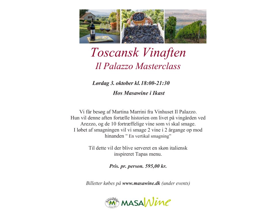 Toscansk Vinaften Il Palazzo Masterclass L�rdag 3. oktober kl. 18:00-21:30