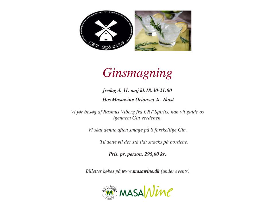 Ginsmagning  fredag d. 31. maj kl. 18:30-21:00  