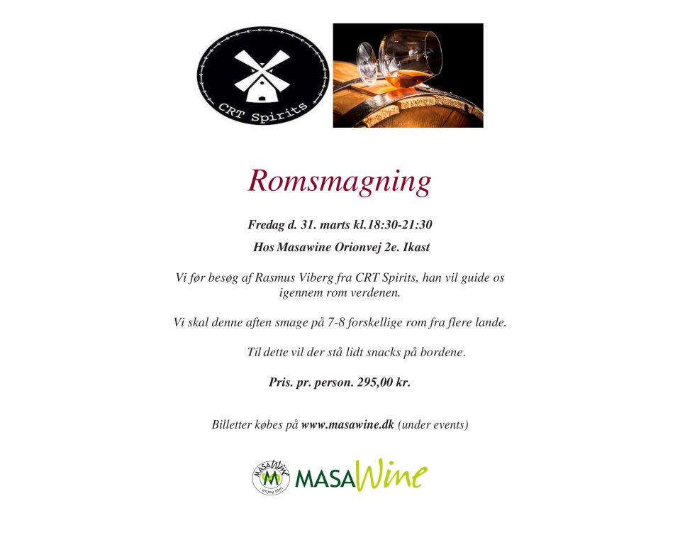 Romsmagning Fredag d. 31 marts kl. 18:30-21:30  Hos Masawine Orionvej 2e. Ikast