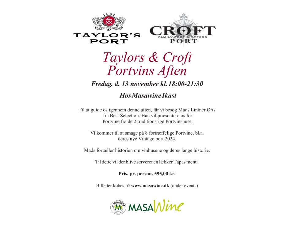 Taylors &amp; Croft Portvins Aften Fredag. d. 13 november kl. 18:00-21:30