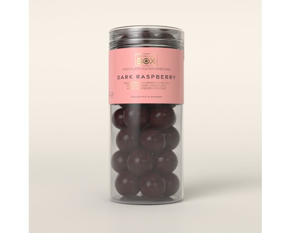 Vingummi m. M�rk chokolade og hindb�rpulver -Box The Original 