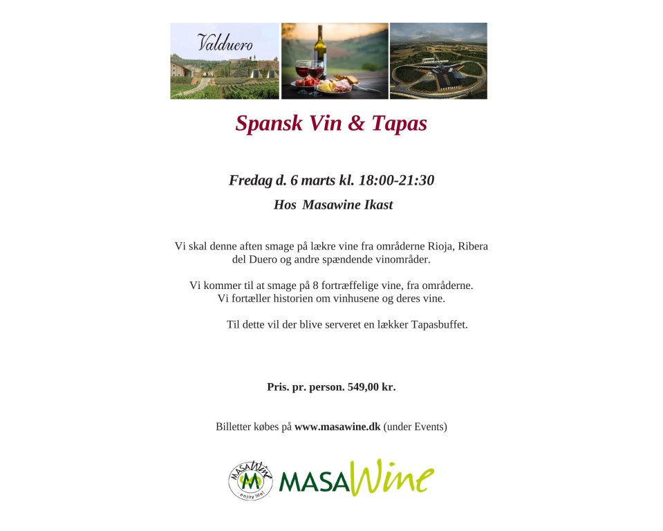Spansk Vin &amp; Tapas Fredag d 6 marts kl. 18:00-21:30