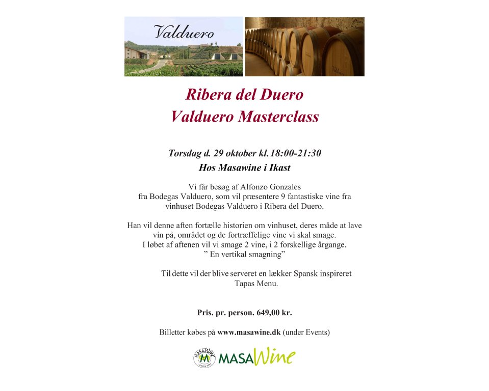 Ribera del Duero  Valduero Masterclass Torsdag d. 29 oktober kl. 18-21:30