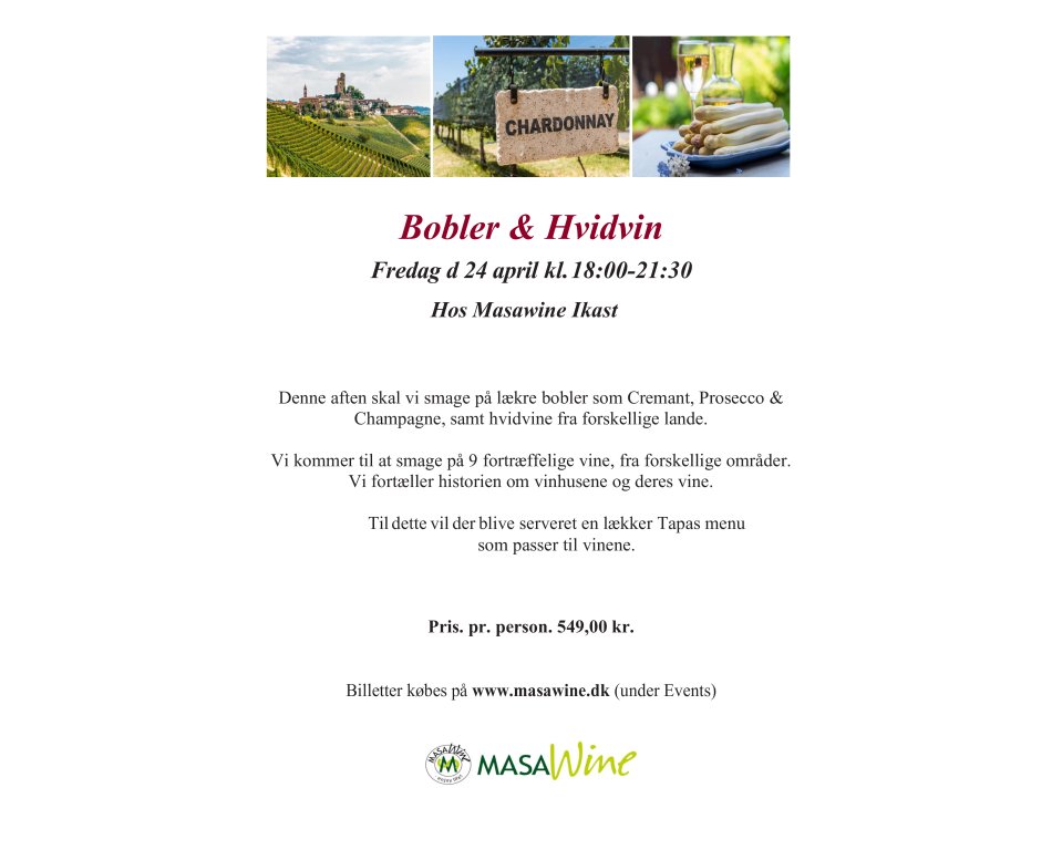 Bobler &amp; Hvidvin Fredag d 24 april kl. 18:00-21:30