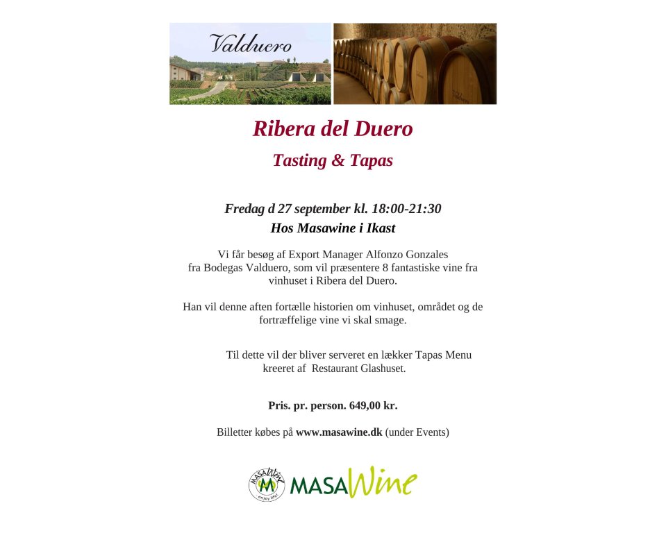Ribera del Duero  Tasting &amp; Tapas Fredag d 27 september kl. 18:00-21:30